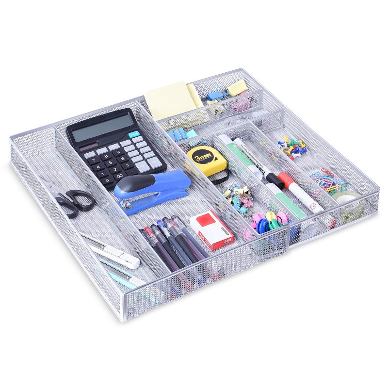 WuGeShop Expandable Office Drawer Organizer, 6 to 7 Compartments Adjustable Mesh Desk Drawer Organizer, Good Desk Organizer for Office Supplies and Art Supplies - Image 1